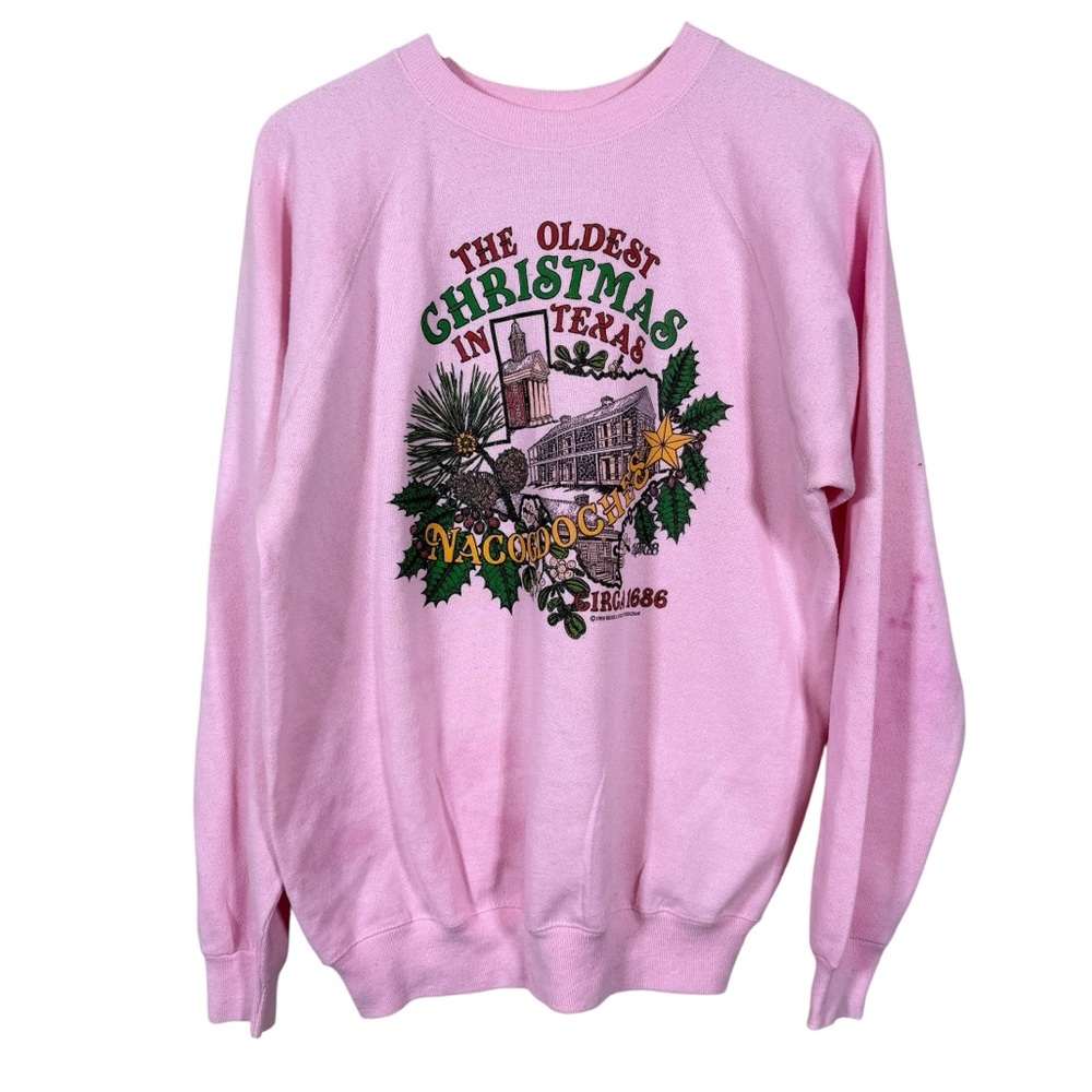 Hanes Women's Pink The Oldest Christmas in Texas Nacodoches 1886 Sweater Sz L